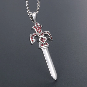 Gothic silver sword pendant necklace with red rhinestones and fleur-de-lis hilt