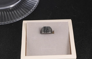 Macro shot of vintage crackle-textured titanium steel ring for men in jewelry display box