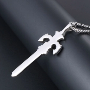 Silver gothic sword pendant necklace with rhinestones and thick round link chain