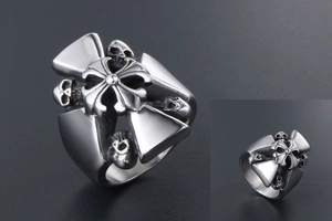 Detail shot of vintage punk skull ring with embossed cross design in silver finish