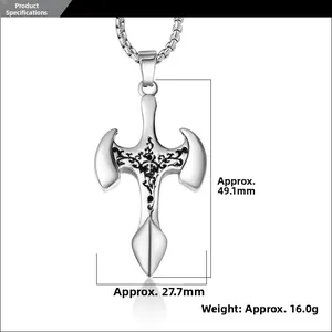 Macro shot of titanium cross pendant with vintage patterns and measurement details