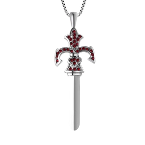 Gothic sword pendant necklace with red crystals and fleur-de-lis pattern on silver metal