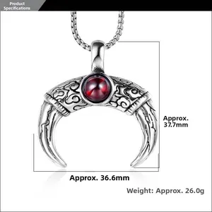 Detailed size view of silver horn pendant with ruby inlay and cloud pattern engraving
