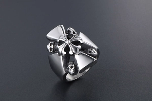 Macro detail of gothic skull and cross ring in vintage silver finish stainless steel