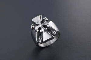 Detailed view of Gothic cross and skull relief on a heavy metal punk steel ring
