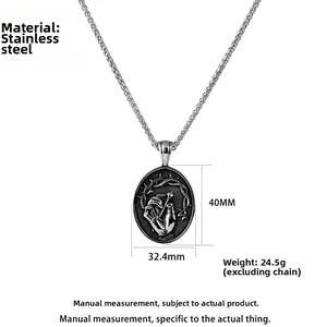 Vue détaillée du pendentif rétro en acier inoxydable avec épines, main et spécifications