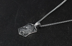 Detailed macro of vintage unicorn shield pendant with antique finish and twist chain