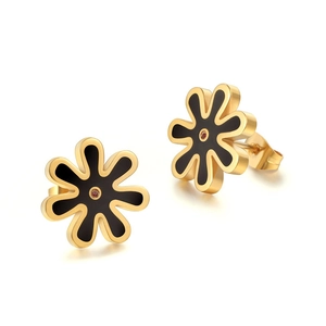 Titanium steel daisy stud earrings with black enamel petals and gold plating
