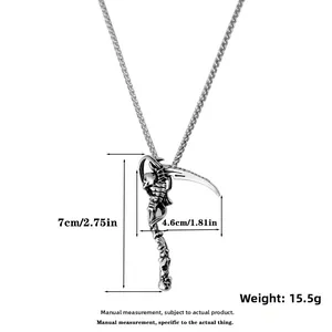 Detailed view of grim reaper skull pendant with size measurements in centimeters and inches