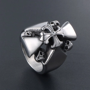 Retro hip-hop skull ring with cross design in vintage stainless steel finish