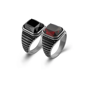 Bagues larges vintage en acier inoxydable avec zircons carrés rouges et noirs pour hommes