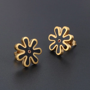 Titanium steel daisy stud earrings with black enamel petals and a red crystal center