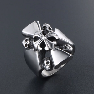 Vintage punk skull ring with embossed cross design in silver-tone polished titanium steel