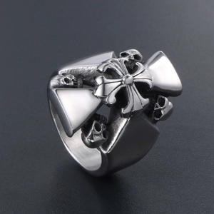 Vintage stainless steel skull and cross ring in gothic hip-hop style for men