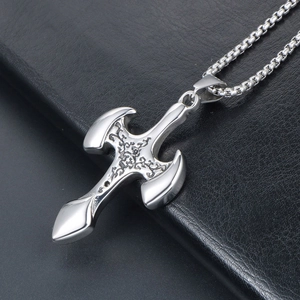 Gothic titanium steel cross sword pendant necklace with vintage engraved patterns
