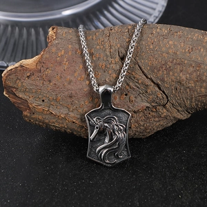 Vintage steel unicorn shield pendant on heavy metal chain for men in retro style
