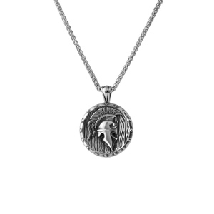 Collier Pendentif Bouclier Casque Guerrier Spartiate Hommes Acier Titane Médaillon Rond Relief Bijoux Punk Hip Hop Cadeau