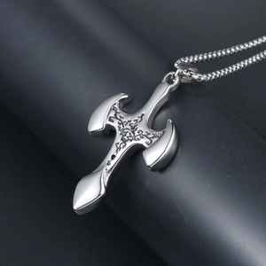 Classic stainless steel cross necklace with vintage floral patterns and ball chain
