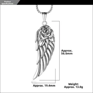 Dimensions détaillées du pendentif rose et aile d'ange avec étiquettes de mesure de poids
