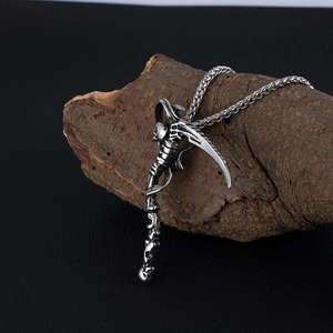 Gothic Stainless Steel Death Scythe Skull Pendant Necklace For Men Retro Punk Skeleton Spirit Reaper Jewelry Accessory