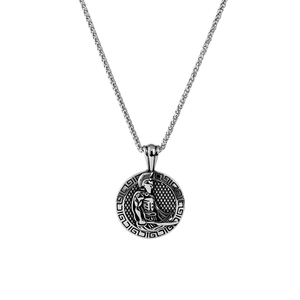 Vintage Stainless Steel Spartan Warrior Pendant Necklace For Men Retro Antique Silver Greek Key Round Relief Medallion Jewelry