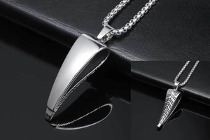 Polished stainless steel antelope horn pendant with detailed feather texture and chain