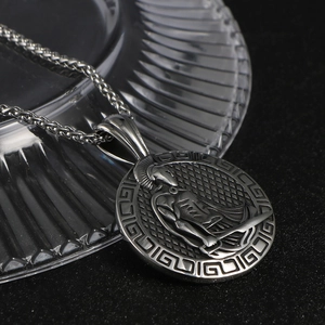 Retro Spartan warrior pendant necklace in silver titanium steel with Greek key pattern