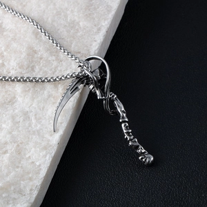 Retro gothic silver scythe grim reaper pendant necklace with spine detail for men