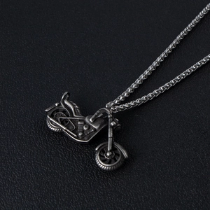 Retro stainless steel motorcycle pendant necklace with detailed punk biker aesthetic