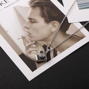 Elegant vintage camera pendant necklace in silver stainless steel with classic cross chain
