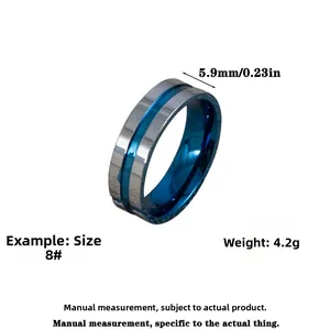 Detail showing 5.9mm blue and silver stainless steel ring width and technical specs