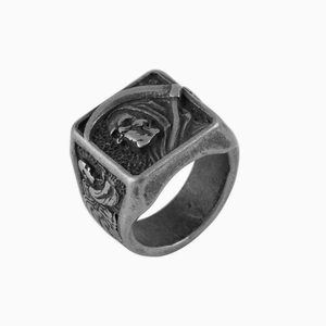 Bague chevalière gothique rétro avec crâne de faucheuse en argent vieilli pour hommes