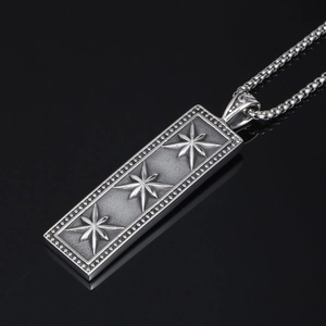 Retro square stainless steel pendant necklace featuring triple star engraving on box chain