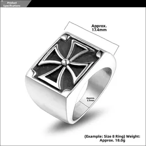 Detailed size parameters of a men's vintage cross ring in stainless steel with measurements