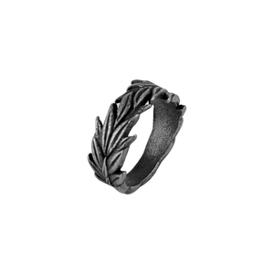 Vintage oxidized titanium steel ring for men featuring detailed laurel leaf textures