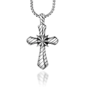 Collier Pendentif Croix en Acier Inoxydable Vintage pour Hommes Femmes Punk Texture Spirale Étoile Bijoux de Mode Religieuse