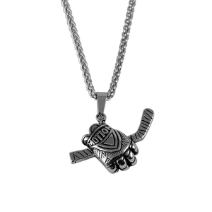 Pendentif hockey en acier inoxydable argenté poli avec gravure sur chaîne torsadée