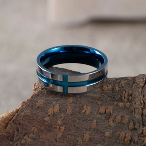 Men's Stainless Steel Cross Ring Blue Electroplated Bicolor Bottle Opener Ring Punk Fashion Polished Finger Ring Jewelry Gift