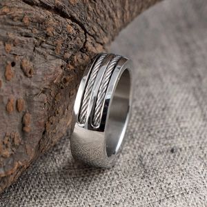 Industrial Men Titanium Steel Ring Double Cable Wire Rope Inlay Wide Band Polished Finger Ring Boyfriend Style Punk Jewelry Gift