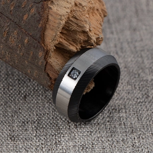 Men's Stainless Steel Ring Industrial Style Two-Tone Black Silver Brushed Finish Rhinestone Inlaid Band Fashion Jewelry