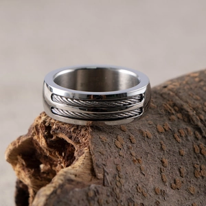 Polished stainless steel industrial ring with dual steel wire cable inlay for men