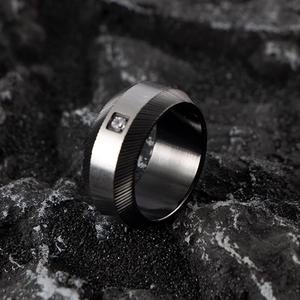 Men's matte stainless steel ring with center stone and black diagonal textured edges