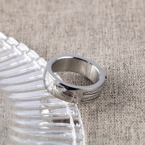 Men's silver stainless steel ring featuring dual steel wire rope industrial design