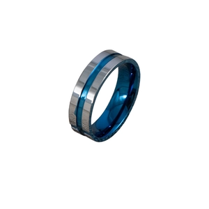 Polished silver stainless steel ring with blue inner lining and center stripe detail