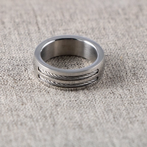 Minimalist titanium steel ring featuring parallel grey wire cable inlay for men