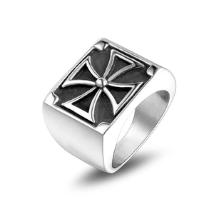Vintage Men Stainless Steel Maltese Cross Signet Ring Retro Punk Gothic Square Polished Blackened Biker Finger Ring Jewelry