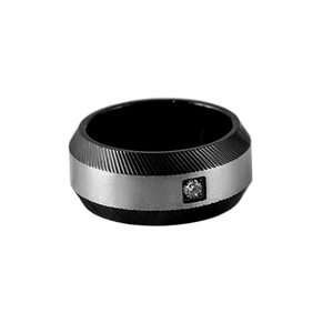 Men's two-tone brushed stainless steel ring with square diamond inlay and knurled edges