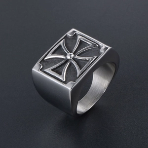 Vintage stainless steel cross ring for men with a polished finish and retro design
