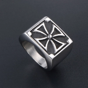 Men's square titanium steel ring with engraved iron cross on a silver textured band