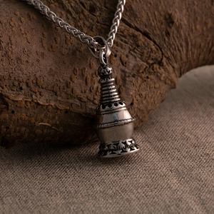 Vintage Stainless Steel Buddhist Stupa Pendant Necklace With Wheat Chain Retro Tibetan Chorten Lotus Design Jewelry For Men